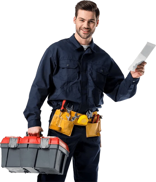 a person holding a toolbox and holding a piece of paper