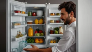 a person is standing in front of an open refrigerator.